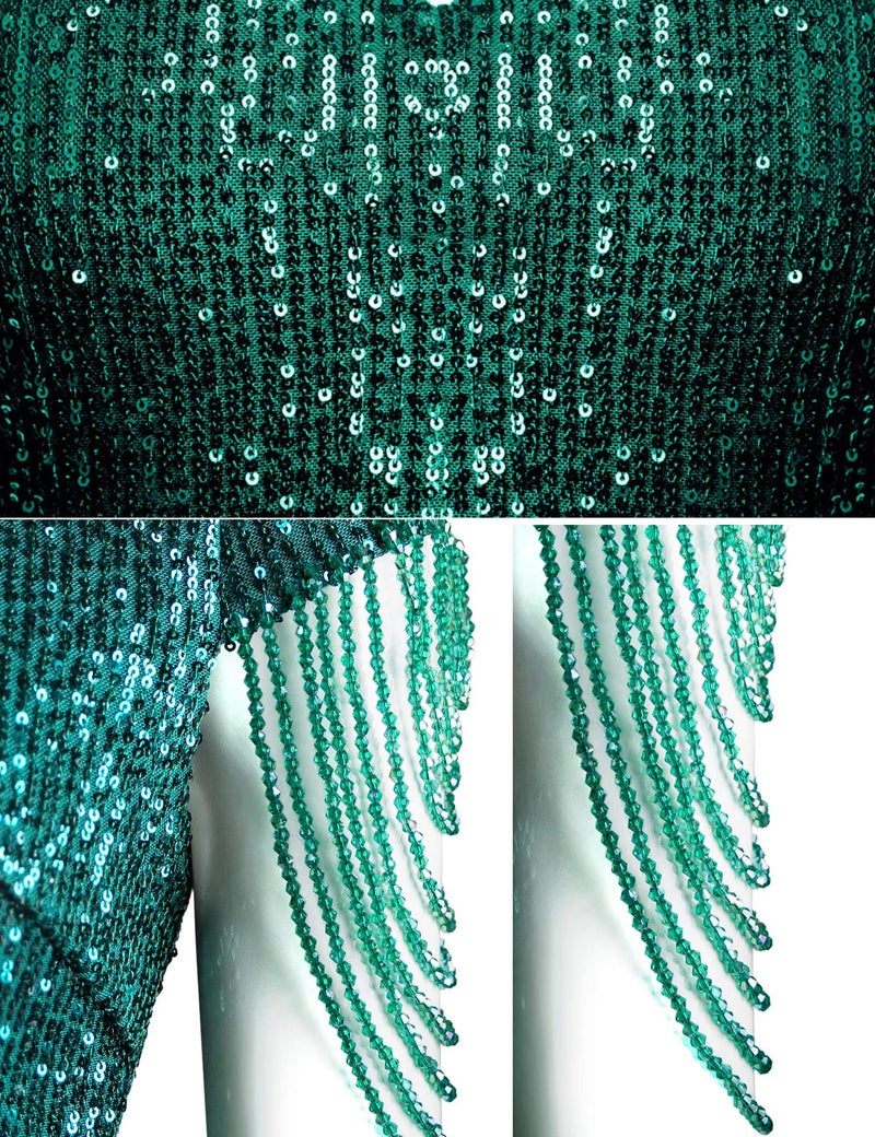 Meilun Women's V Neck Sequin Formal Evening Dress Tassel Bead Sleeve Mermaid Long Gown 1920S Party Maxi Military Dress (Green, S) - Image 5